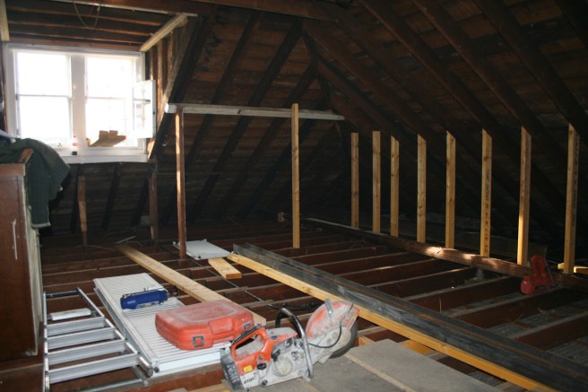 from the top of the stairs day 8. new uprights in.