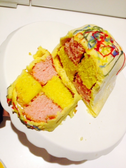 home made battenburg, my favourite, from the kitchen of my niece aged 6